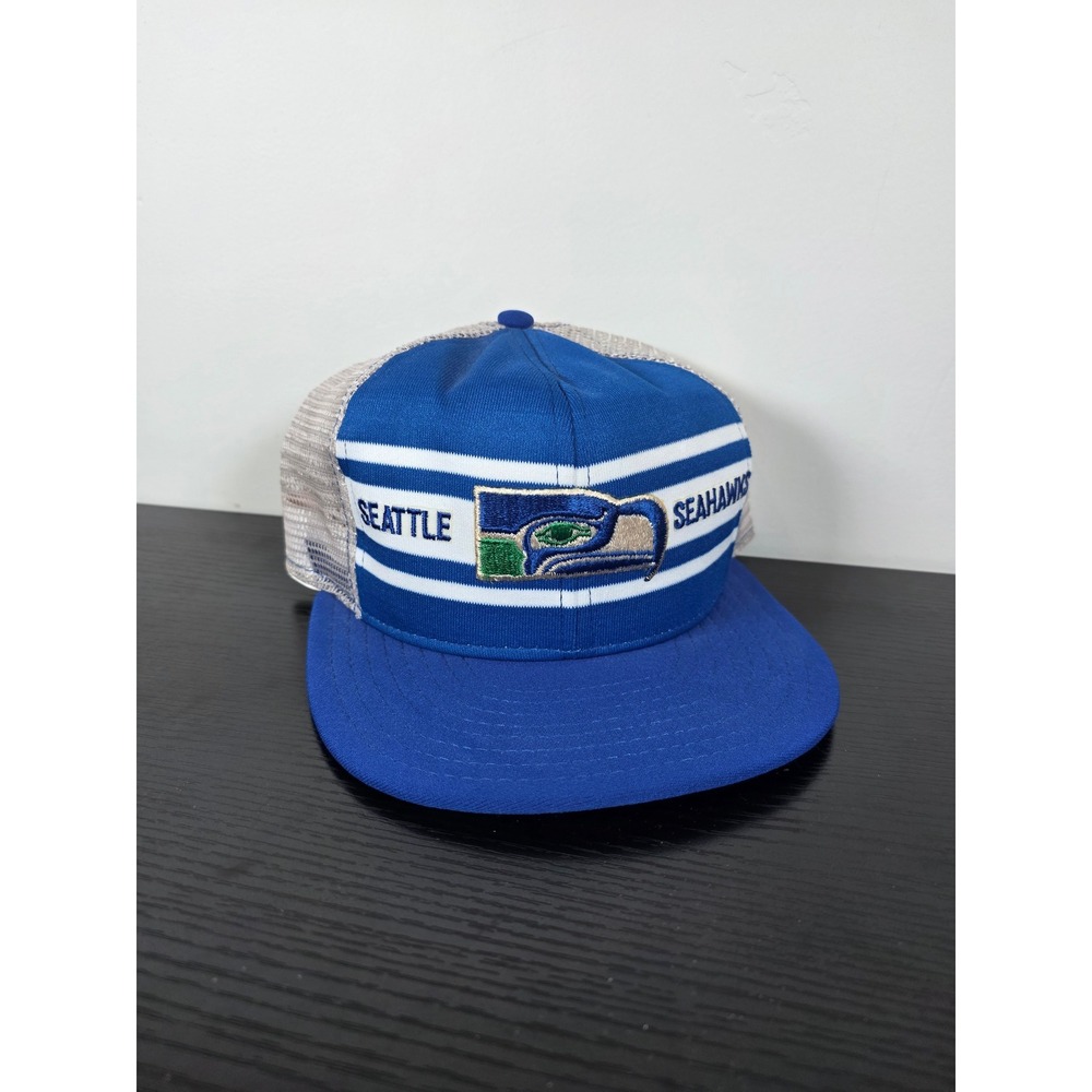 Vintage 80s Seattle Seahawks AJD Superstripe Trucker Hat Blue White Snapback Cap